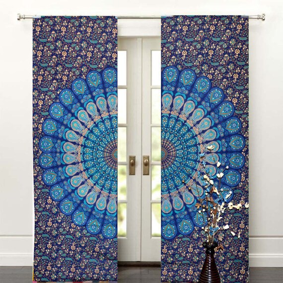 Peacock Blue Multi Color Window Curtains Indian Mandala Drape Etsy