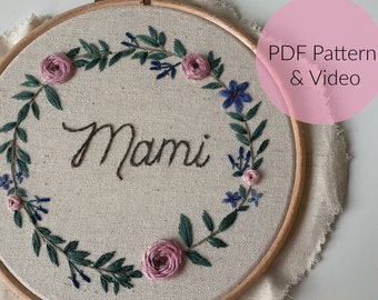 EMBROIDERY TEMPLATE, MOTHER'S DAY, FLOWER WREATH, embroidery picture for beginners, Mother's Day gift, customizable + video tutorial