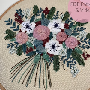 EMBROIDERY TEMPLATE, FLOWER BOUQUET, winter, bouquet of flowers, embroidery picture, modern embroidery, embroidery, customizable + video tutorial
