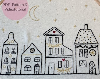 EMBROIDERY TEMPLATE, SCANDI HOUSES, Scandi house, Christmas, winter decoration, winter, houses, embroidery, embroidery picture, modern embroidery pattern