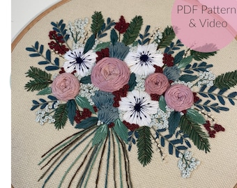 EMBROIDERY TEMPLATE, FLOWER BOUQUET, winter, bouquet of flowers, embroidery picture, modern embroidery, embroidery, customizable + video tutorial