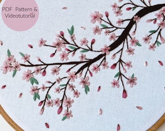 刺繍テンプレート、桜、刺繍、桜の枝、春の装飾、桜、モダン刺繍、刺繍