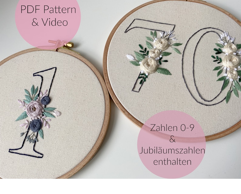 Op de afbeelding: Twee borduurringen met bloemmotieven. E&eacute;n ring toont het cijfer 1 met blauwe, paarse en groene bloemen. De andere toont het cijfer 70, versierd met witte en groene bloemaccenten. De tekst "PDF Pattern & Video" is zichtbaar.