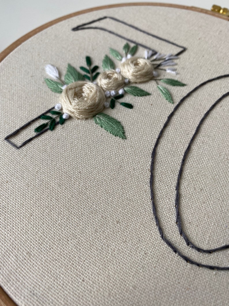 Op de afbeelding: Geborduurd bloemmotief op een beige stof gespannen in een houten hoepel. De borduursels tonen cr&egrave;mekleurige rozen, groene bladeren en witte accenten. Een donkergrijze letter "J" is boven de bloemen geborduurd, met een gedeeltelijke "O".