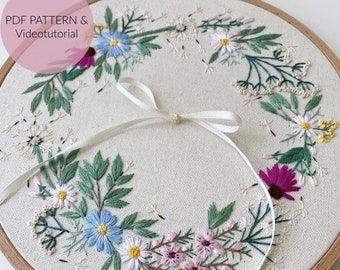 EMBROIDERY TEMPLATE, WILDFLOWER WREATH, WEDDING, ring pillow, gift, embroidery, individual gift, modern embroidery, embroidery picture, summer wreath