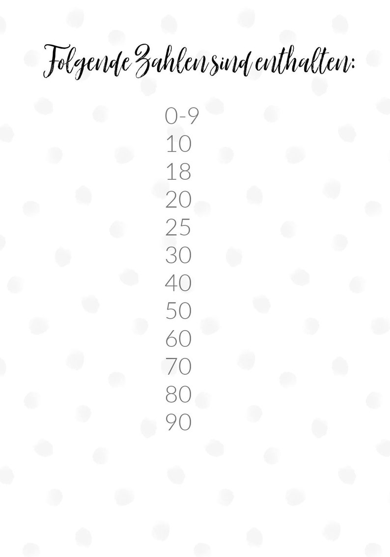 Op de afbeelding: Witte achtergrond met een patroon van kleine, lichtgrijze vormen. De tekst "Folgende Zahlen sind enthalten:" is in een cursief lettertype geschreven. Daaronder staan de getallen 0-9, 10, 18, 20, 25, 30, 40, 50, 60, 70, 80 en 90.