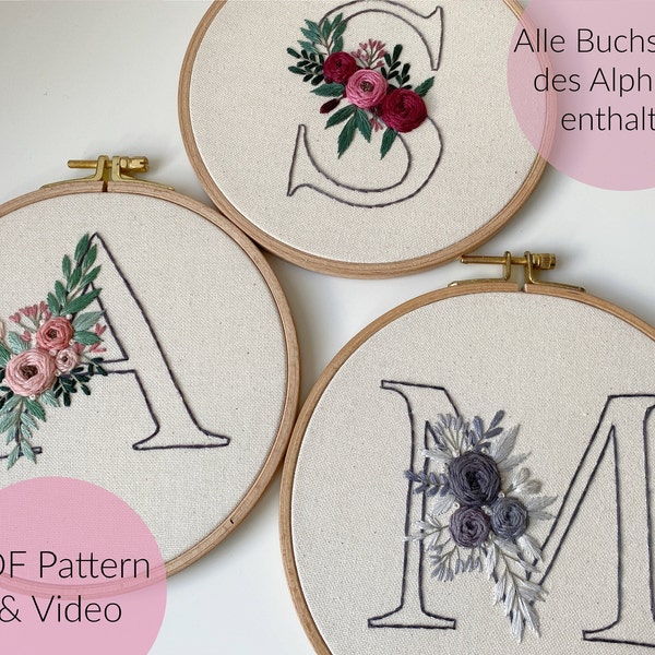 STICKVORLAGE ALPHABET, BUCHSTABEN, Floraler Buchstabe, Blumen Buchstabe, Sticken, Modern Embroidery, Stickbild, Monogramm