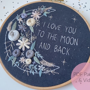 EMBROIDERY TEMPLATE, BOHO, MOON, I love you to the moon and back, Modern Embroidery, embroidery picture, embroidery, customizable