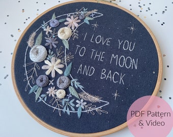 STICKVORLAGE, BOHO, MOND, I love you to the moon and back, Modern Embroidery, Stickbild, Sticken, personalisierbar