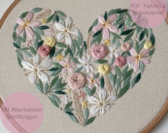 STICKVORLAGE, BLUMEN HERZ, Ringkissen, Hochzeitsgeschenk, Sticken, Stickbild, Modern Embroidery, individuell