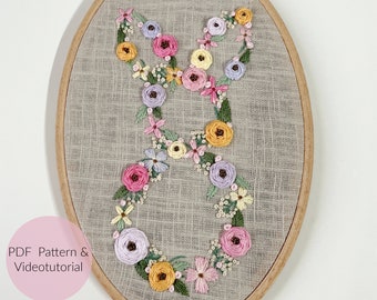 EMBROIDERY TEMPLATE EASTER BUNNY, FLOWER BUNNY, Easter decoration, embroidery, modern embroidery, embroidery picture, Easter gift, Easter