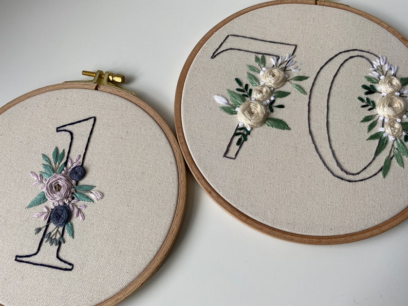 Op de afbeelding: Twee geborduurde cijfers, "1" en "70", op cr&egrave;mekleurige stof, gespannen in houten borduurringen. De cijfers zijn omlijnd met zwarte draad en versierd met bloemenborduurwerk in blauwe, groene en cr&egrave;metinten.