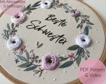 EMBROIDERY TEMPLATE, FLOWER WREATH, Best SISTER, Embroidery picture, Individual gift, Embroidery pattern, + Video tutorial + Free template