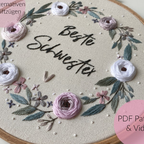 STICKVORLAGE, BLUMENKRANZ,  Beste SCHWESTER , Stickbild, Individuelles Geschenk, Embroidery pattern, + Videotutorial + Gratisvorlage