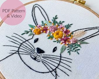 STICKVORLAGE, OSTERHASE, Hase mit Blumenkranz, Hase, Stickbild,  Sticken Anfänger, Embroidery Pattern, Kinderzimmer + Video Tutorial