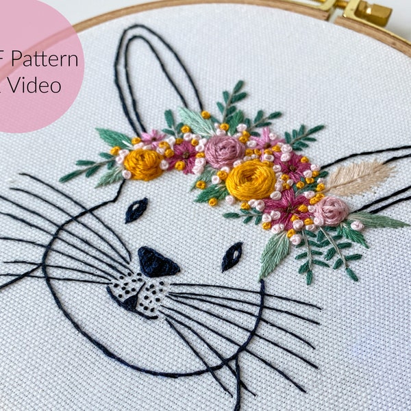 STICKVORLAGE, OSTERHASE, Hase mit Blumenkranz, Hase, Stickbild,  Sticken Anfänger, Embroidery Pattern, Kinderzimmer + Video Tutorial