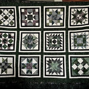 May include: A quilt with 12 squares, each featuring a different geometric pattern in shades of green, white, and black. The squares are framed with a white border and a black border.