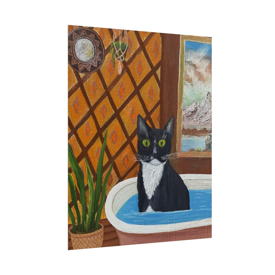 Black Tuxedo Cat in Bathtub Poster | Whimsical Cat Art, Indoor Plant ...