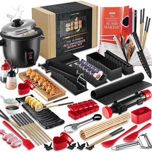 CraftZee Super Deluxe Sushi DIY Making Kit - Rice Cooker, Bazooka Roller, Nigiri & Musubi Mold, Bamboo Rolling Mat, Spreader, Chopsticks