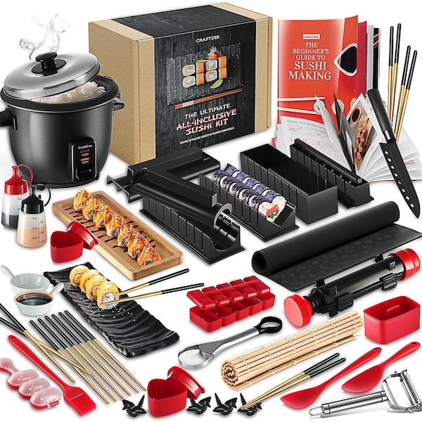 Kit de fabrication de sushis CraftZee Super Deluxe - autocuiseur, rouleau bazooka, moule à nigiri et musubi, tapis à rouler en bambou, écarteur, baguettes