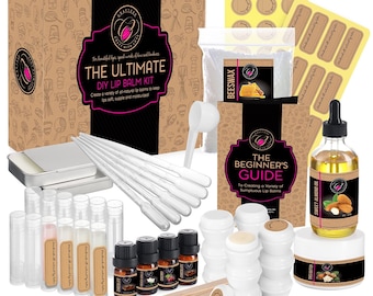 May include: A DIY lip balm kit with a brown box, a beginner's guide, a bag of beeswax, a bottle of sweet almond oil, essential oils, lip balm tubes, and labels. The kit includes everything you need to create your own lip balm.