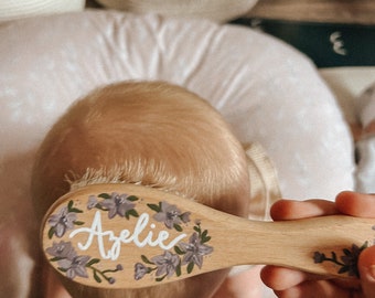 Personalized Baby Girl Keepsake Hairbrush: Handpainted Calligraphy Name with Floral Design