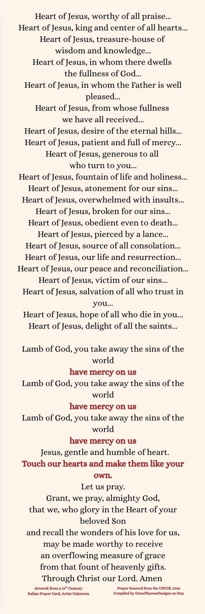 Litany of the Sacred Heart Bookmark | Catholic Prayer Card (2x6 Inches ...