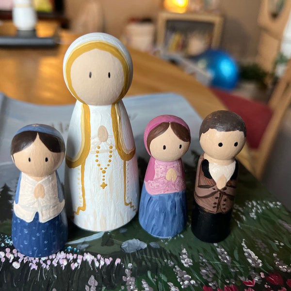 Wooden Saint Doll/ Our Lady Of Fatima with Lucia , Jacinta, and Francisco/  First Communion Confrimation Gift /Catholic Gift Peg Doll Set