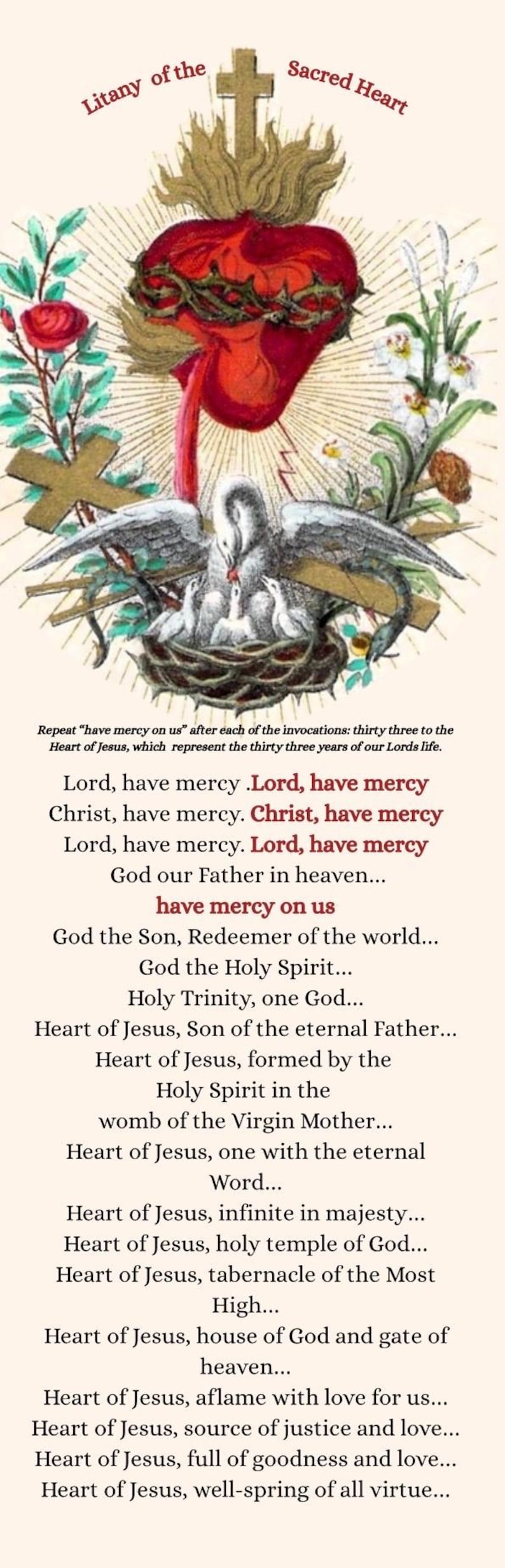 Litany of the Sacred Heart Bookmark | Catholic Prayer Card (2x6 Inches ...
