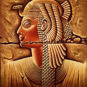 Cleopatra Relief Gouache Painting on Authentic Egyptian Papyrus - Handmade Freehand Art, Vintage-Style Decor, Unique Egyptian Wall Art
