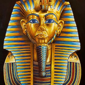 Tutankhamun Golden Mask Gouache Painting on Papyrus – Handmade Egyptian Art, Captivating Ancient Pharaoh Artwork, Museum-Inspired Piece