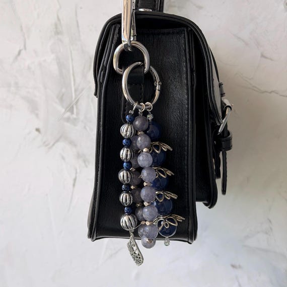 Handmade Bag Charm | Upcycled Beads | Silver Blue Gemstone