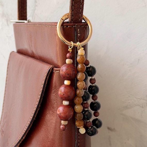Handmade Bag Charm | Upcycled Beads | Gold Brown Black