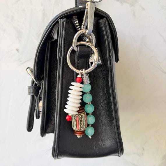 Handmade Bag Charm | Upcycled Beads | White Aqua Red