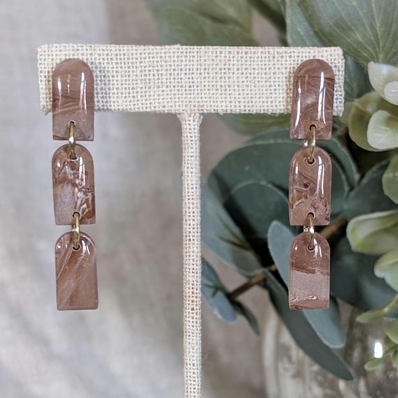 Brown Marbled Polymer Clay Earrings | Resin Dangle Earrings | Handmade Lightweight Statement Jewelry | Neutral Earthy Earrings