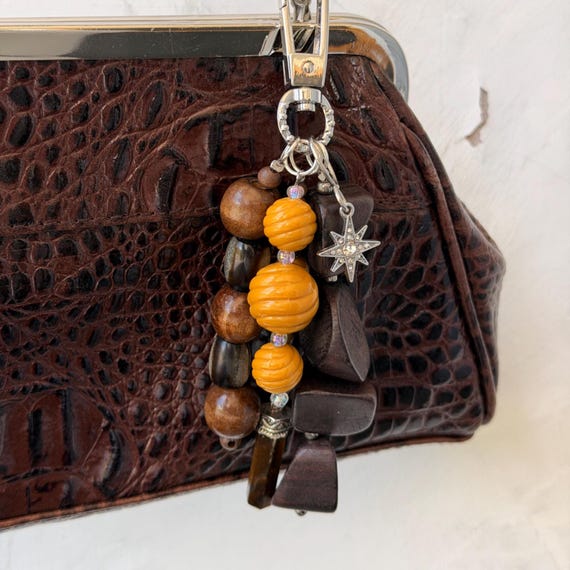 Handmade Bag Charm | Upcycled Beads | Yellow Silver Wood