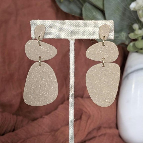 Cairn Dangle Earrings | Handmade Polymer Clay & Resin Earrings | Neutral, Black, White, Tan Statement Earrings | Organic Sculptural Jewelry
