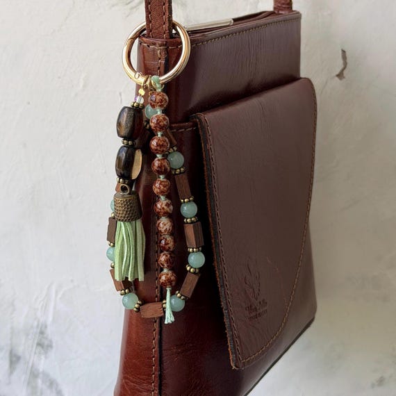 Handmade Bag Charm | Upcycled Beads | Aqua Brown Gold