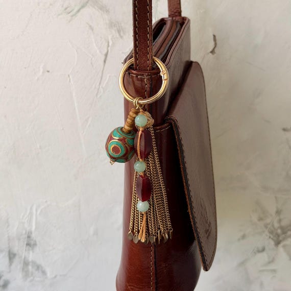 Handmade Bag Charm | Upcycled Beads | Aqua Gold Red