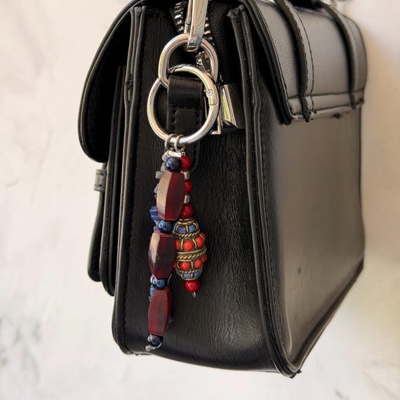 Handmade Bag Charm | Upcycled Beads | Blue Red Silver