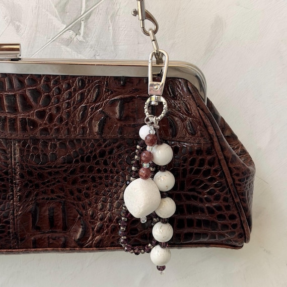 Handmade Bag Charm | Upcycled Beads | White Purple Silver