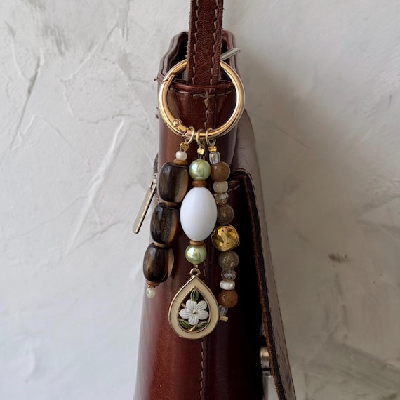 Handmade Bag Charm | Upcycled Beads | Gold Brown White Flower