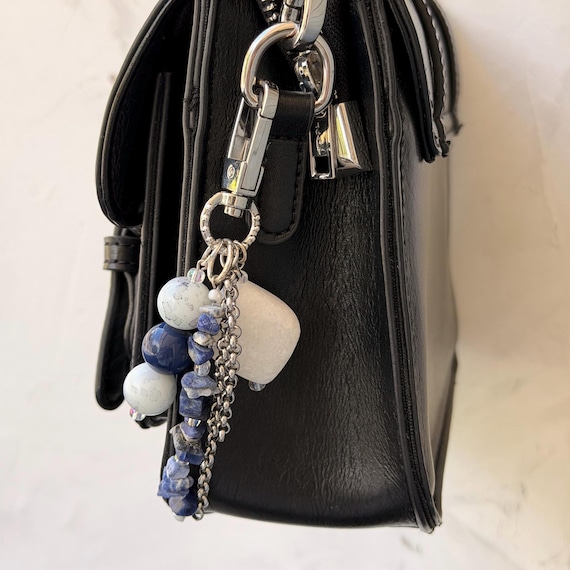 Handmade Bag Charm | Upcycled Beads | Blue White Silver
