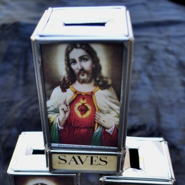 Vintage Religious Home Decor, Jesus "Saves" Coin Bank, Mexican Folk Art