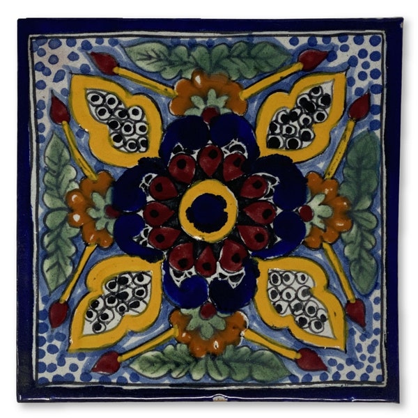 Vintage Hand Painted Talavera Tiles, Colorful Big Flower Ceramic Tile, Puebla Mexico Talavera