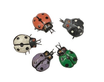 Handmade Guatemalan Folk Art, Vintage Handpainted Colorful Ladybug Clay Charms, Mixed Set of 5