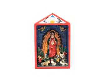 Hand Painted Peruvian Folk Art, Our Lady of Guadalupe Retablo, Colorful Vintage Art