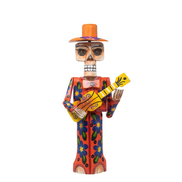 Hand Carved Dia de los Muertos Folk Art, Wooden Orange Catrina Skeleton, Musician Decor