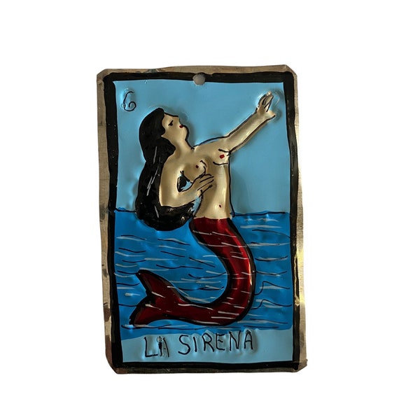 Rustic & Vintage Mexican Folk Art, La Sirena Loteria Tin Ornament, Mexican Bingo