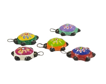 Handmade Vintage Guatemalan Clay Folk Art, Colorful Handpainted Turtle Charms, Mixed Set of 5